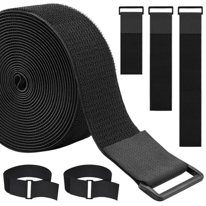 2In x 16Ft Cable Straps Heavy Duty With 15 Buckles, Black Hook and Loop Straps, Reusable Cable Ties for Organizer or Storage - size: 2In x 16Ft