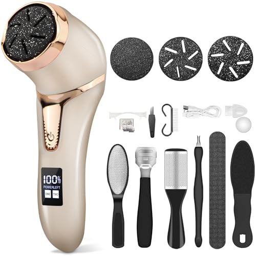 Callus Remover for Feet (with Dander Vacuum), Portable Pedicure Kit Foot File Callus Remover, Rechargeable Waterproof Foot File for Foot Care Deadskin Remover with 3Head&LCD Display, Gold - style: Gold Electric Callus Remover +10in1+3 heads