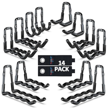 3-H Super Heavy Duty Garage Hooks 14 Pack, One-Piece Construction Garage Wall Hooks, Garage Hanger & Organizer Wall Mount for Ladders, Bikes, Chairs, WeedEaters, Shovels, Garden Tools (Black) | Upgraded Patented One-Piece Stamped Garage Storage Hooks, Zer