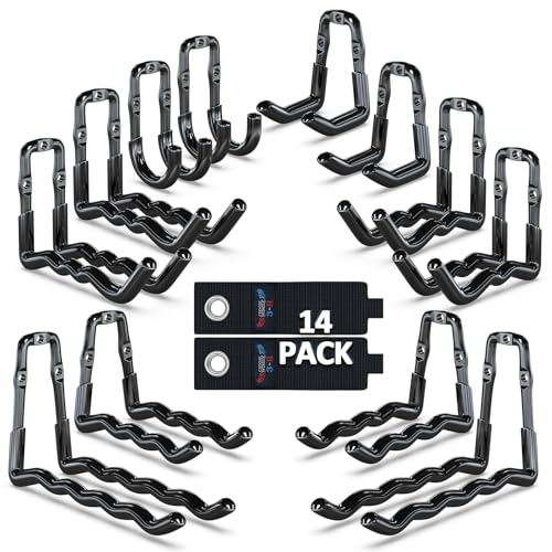 3-H Super Heavy Duty Garage Hooks 14 Pack, One-Piece Construction Garage Wall Hooks, Garage Hanger & Organizer Wall Mount for Ladders, Bikes, Chairs, WeedEaters, Shovels, Garden Tools (Black) | Upgraded Patented One-Piece Stamped Garage Storage Hooks, Zer
