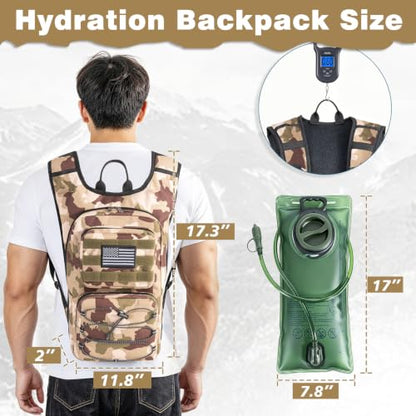 Hydration Backpack, Tactical Molle Water with 3L TPU Water Bladder | Lightweight Military Hydration Daypack for Hiking, Running, Cycling, Climbing, Biking, 105 oz, Breathable Back Panel - color: Khaki Camouflage