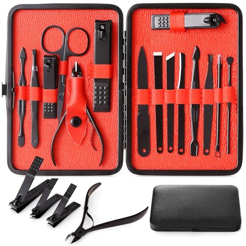 Nail Clippers Sets High Precisio Stainless Steel Nail Cutter Pedicure Kit Nail File Sharp Nail Scissors and Clipper Manicure Pedicure Kit Fingernails & Toenails with Portable Stylish case (Black) - color: Red