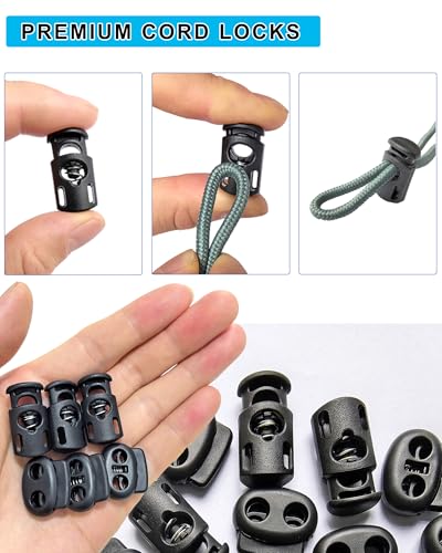 TTeebmi 20PCS Cord Locks for Drawstrings – 10 Single Hole and 10 Double Hole Spring Cord Stoppers – Plastic Toggle Clips for Bags, Shoes, DIY Crafts, Hoodies, Pants, Tent Ropes