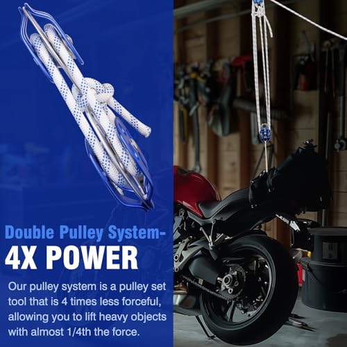 Heavy-Duty Double Block and Tackle Pulley System – 100Ft x 1/2'' Rope, 7700 LB(35KN) Breaking Strength, 4:1 Lifting Ratio – Ideal for Garage, Attic, and Heavy Lifting Applications - size: 1/2'' x 100ft