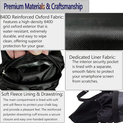 Rock Climbing Chalk Bag & Bouldering Bucket, 7.5" Oxford with Zipper Pocket - Lightweight Gym Accessories for Men Women (Black/Charcoal Grey) - color: Black