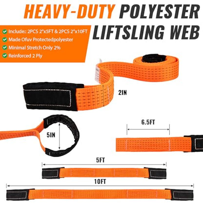 2PCS 2" x5FT & 2PCS 2" x10FT Heavy Duty Nylon Lifting Sling Strap, 18800lb Capacity Super Sturdy Flat Eye Rigging Strap for Hoist, Towing, Moving, Tree Saver Recovery, and Winch