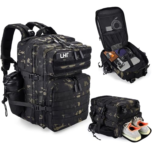 LHI Military Tactical Backpack for Men and Women 45L Army 3 Days Assault Pack Bag Large Rucksack with Shoe Compartment - color: 1.2 Black Cp