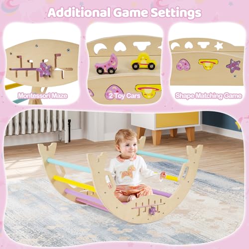 Costzon Pikler Triangle Set, 9-in-1 Foldable Baby Climbing Toys, Wood Montessori Climbing Set for Learning and Motor Skills, Indoor Playground Jungle Gym for Toddlers 3+ Climber Gifts (Pink) - style: 9 in 1 Arch Climber Ladder, Pink