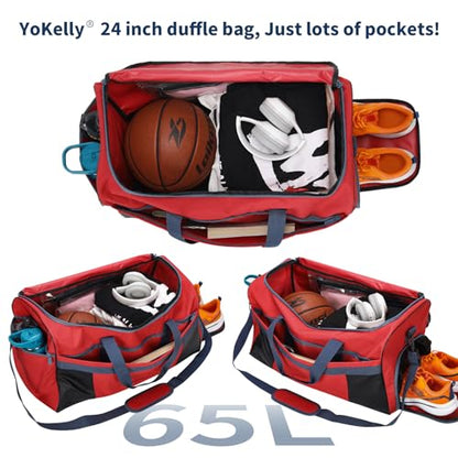 65L Gym Bag for Men, Wet Pocket, Shoe Compartment, 24 inch, Red | 8 Compartments / Pockets, Spacious, Large Sports Duffle Bag for Weekend Travel - color: Red