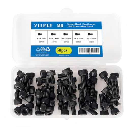 M6-1.0 Socket Head Cap Screws - 8/10/12/16/20mm Length Kit, 12.9 Grade Alloy Steel, Allen Drive, Black Oxide Finish, Full Thread, 50-Piece Set - size: 12.9-Socket-M6-8-20mm