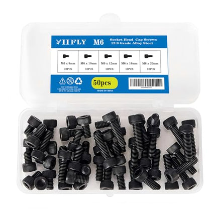 M6-1.0 Socket Head Cap Screws - 8/10/12/16/20mm Length Kit, 12.9 Grade Alloy Steel, Allen Drive, Black Oxide Finish, Full Thread, 50-Piece Set - size: 12.9-Socket-M6-8-20mm