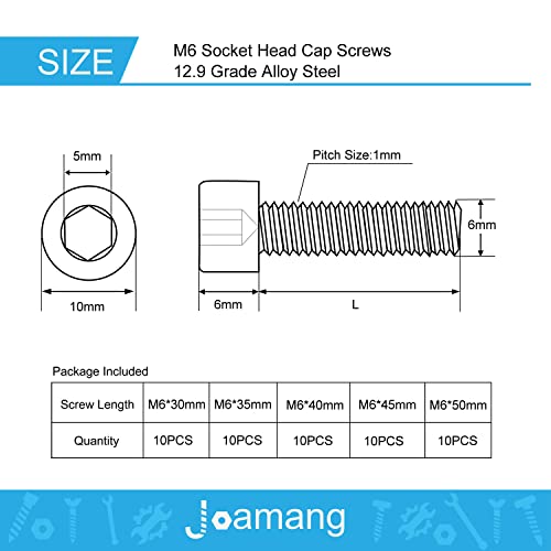 M6 x 30mm 35mm 40mm 45mm 50mm Hex Socket Head Cap Screws Bolts, 12.9 Grade Alloy Steel, Black Oxide Finish, Metric Allen Drive, Fully Threaded, Assortment Kit 50Pcs - size: Socket M6x30-50 mm