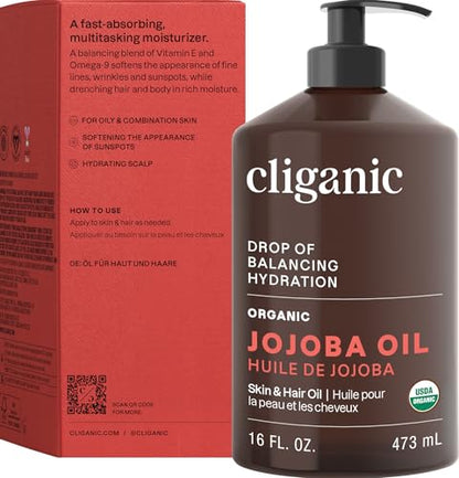 Cliganic Organic Jojoba Oil 16 oz, 100% Pure | Bulk, Natural Cold Pressed Unrefined Hexane Free for Hair & Face | Base Carrier Oil - size: 16 Fl Oz (Pack of 1)