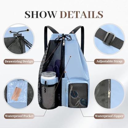 Beach Backpack with Wet Pocket Drawstring Mesh Beach Bag Waterproof Swimming Pool Backpack for Men and Women - color: Blue