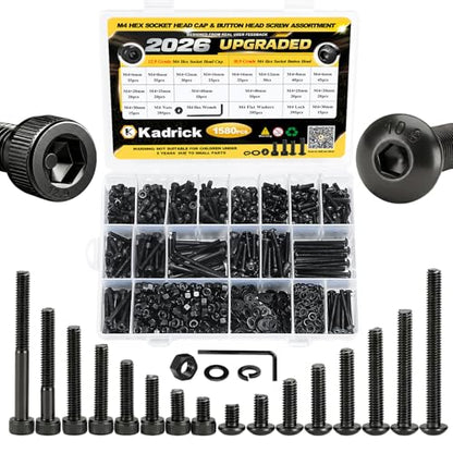 Kadrick Metric Screws Assortment,1580 Pcs M4 Screws Nuts Washers Assortment M4x6MM-40MM, Hex Socket Button & Cap Head M4 Machine Bolts Kit, 12.9 & 10.9 Grade Black Alloy Steel for 3D Printing - size: M4 1580Pcs 6-40mm