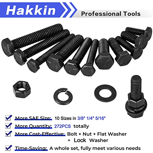 272PCS Hex Bolts and Nuts Kit, 1/4, 5/16, 3/8 Hex Bolts Screws Nuts Flat Lock Washers Assortment Kit, Carbon Steel Machine Screws Set Grade 8.8 (Black) - size: 272PCS 1/4 5/16 3/8 Hex Bolts Black