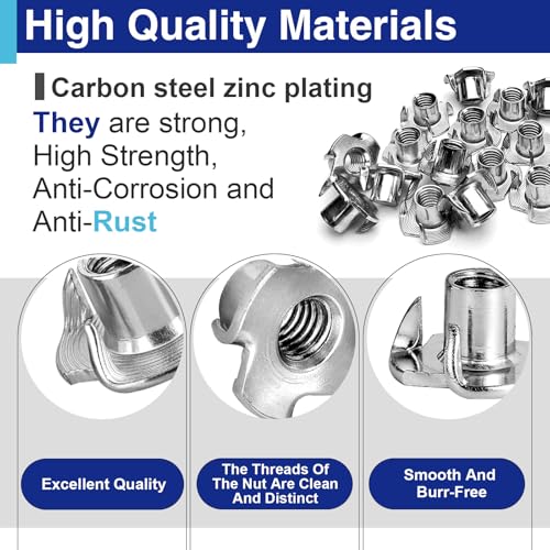 12PCS 3/8"-16 T Nuts for Wood, Zinc-Plated 4-Prong Tee Nuts | Carbon steel construction, Hammer-in installation design - style: 12 PCS 3/8"-16 Size