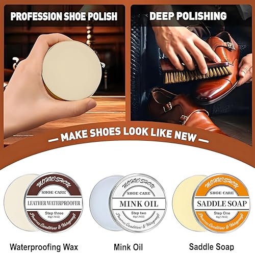 12 PCS Leather Care Kit - Horsehair Brushes,Saddle Soap,Waterproofing Wax,Mink Oil ,Polishing Cloth,Microfiber cloth,Boot Shoe Shine Cleaning Kit Gift for Men Cowboy Husband Dad birthdays Festive