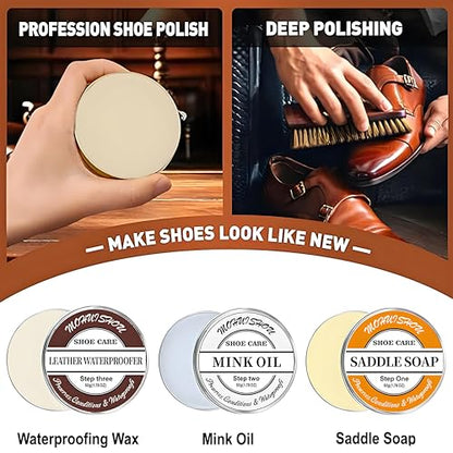 12 PCS Leather Care Kit - Horsehair Brushes,Saddle Soap,Waterproofing Wax,Mink Oil ,Polishing Cloth,Microfiber cloth,Boot Shoe Shine Cleaning Kit Gift for Men Cowboy Husband Dad birthdays Festive