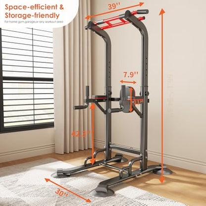 SogesGmae Power Tower Pull Up Rack Dip Station ,10 Adjustable Height Dip Stand Strength Training Free Standing Pull Up Bar for Home Gym Workout,Multi-Functional ,Black