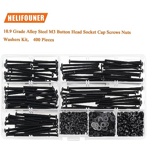 HELIFOUNER 400 Pieces M3 x 30mm /35mm /40mm /45mm /50mm, Button Head Socket Cap Metric Screws Bolts Washers Nuts Kit, 10.9 Grade Alloy Steel, Fully Threaded, Black - size: M3 x 30/35/40/45/50mm, style: Button Head