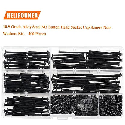 HELIFOUNER 400 Pieces M3 x 30mm /35mm /40mm /45mm /50mm, Button Head Socket Cap Metric Screws Bolts Washers Nuts Kit, 10.9 Grade Alloy Steel, Fully Threaded, Black - size: M3 x 30/35/40/45/50mm, style: Button Head