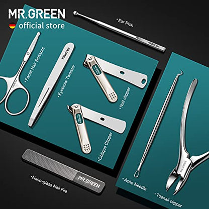 MR.GREEN Manicure Sets Pedicure Kits Stainless Steel Nail Clipper Personal Care Tools with PU Leather Case (Green) - color: Green