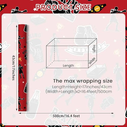 Liobelon Boxing Wrapping Paper Roll, Sports Gift Wrap with Boxing Gloves, Punching Bag, Champion Belt & Boxer Design – for Birthday, Father’s Day, Fight Fan Presents, 17 Inch X 16.4 Feet - color: Boxing