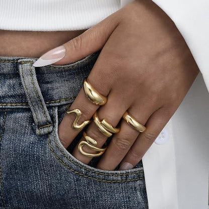 YEEZII Chunky Gold Rings for Women Non Tarnish, 18K Gold Plated Stackable Thumb Ring, Statement Women Rings Set - color: Gold-B-14k