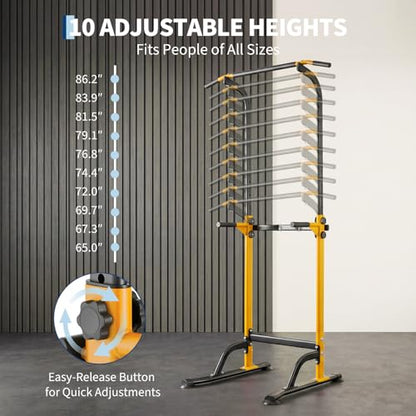 Power Tower Home Gym Strength Training Station Adjustable 10 Height Levels, Heavy-Duty Chin-Up Tower with Parallel Dip Handles, Bodyweight Workout Equipment for Pull-Ups, Dips, Knee Raises, Push-Ups, 330 Lb Capacity - color: Yellow
