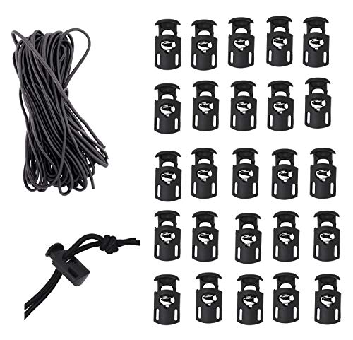 Mandala Crafts Black Shock Cord & Cord Locks for Elastic Drawstrings | 10 YDs Bungee String, 25 Spring Toggle Clips, End Stopper Clamps, for Shoelaces, Paracord, Jackets, Hoodies, Backpacks - color: Black