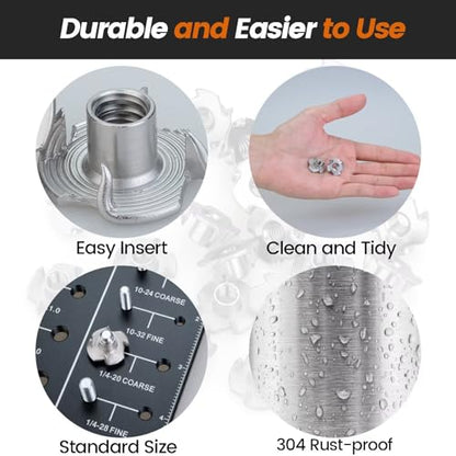 304 Stainless Steel T-Nuts 4-Pronged 5/16"-18 (50 PCS) | Strong Grip, Rustproof Corrosion Resistant, Smooth Threads, Easy Insertion for Wood/Furniture/Cabinetry/Climbing Holds - size: 5/16"-18