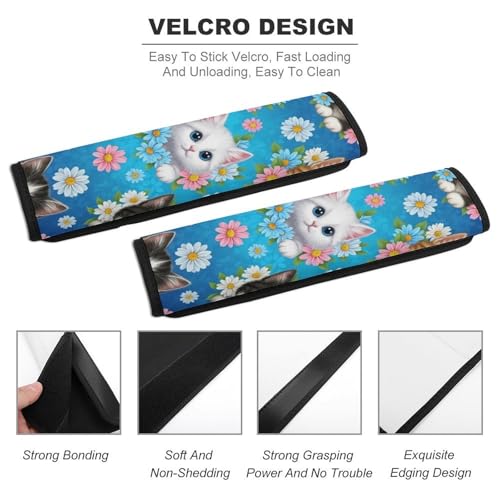 2PCS Breathable Seat Belt Cover for Adults and Children, Most Cars, Animal Blue Flower Cute Kitten Cats Shoulder Harness Cover, Shock Absorption - color: Pattern 322