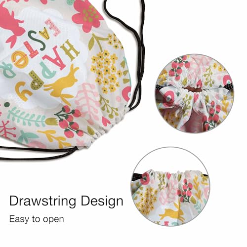 Drawstring Backpack Happy Easter Lightweight Gym Backpack Surrounding by Rabbits Pink Yellow Flower Red Berry Green Leaf for Women Men 14x16.9 Inch - color: Rabbits