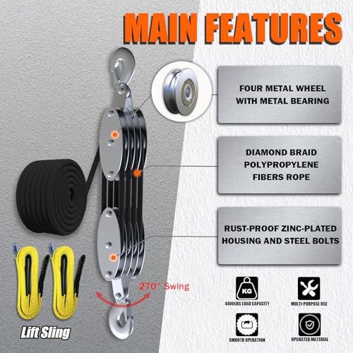 YATOINTO Rope Hoist Pulley System with Metal Bearing, 4400LB Pulley Block and Tackle, 8:1 Lifting Power 65ft, Heavy Duty Pulley Block for Hunting Lifting Garage Warehouses Building (with 2PCs Straps) - size: 4 Pulley+2 straps