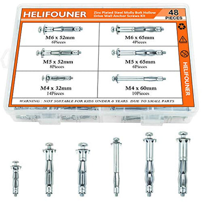 HELIFOUNER Hollow Wall Anchor Screws Set, 6 Sizes Heavy Duty Zinc Plated Steel Molly Bolt Hollow Drive Wall Anchor Screws Assortment Kit for Drywall, Plaster and Tile, 48 PCS