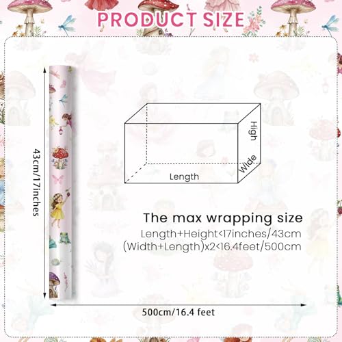 Liobelon Fairy Wrapping Paper Roll – 17" x 16.4 Ft Enchanted Forest Gift Wrap with Mushroom Houses, Flowers & Butterflies – Magical Birthday, Princess Party, Wedding Shower & DIY Craft Supplies - color: Fairy