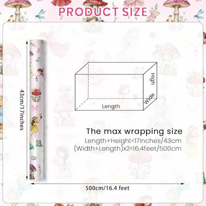 Liobelon Fairy Wrapping Paper Roll – 17" x 16.4 Ft Enchanted Forest Gift Wrap with Mushroom Houses, Flowers & Butterflies – Magical Birthday, Princess Party, Wedding Shower & DIY Craft Supplies - color: Fairy