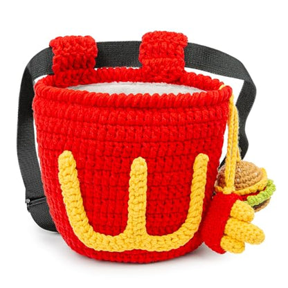 Handmade Crochet Rock Climbing Chalk Bag, Fun Plush Animal Chalk Pouch with Drawstring, Adjustable Waist Belt for Indoor Outdoor Bouldering Sport Climbing - style: Hamburger Fries