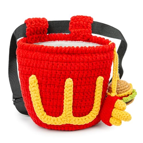 Handmade Crochet Rock Climbing Chalk Bag, Fun Plush Animal Chalk Pouch with Drawstring, Adjustable Waist Belt for Indoor Outdoor Bouldering Sport Climbing - style: Hamburger Fries
