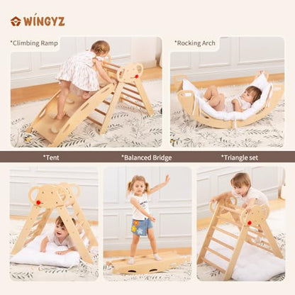 WINGYZ Pikler Triangle Set, Montessori 8-in-1 Foldable Climbing Set | Reversible Animal Slide, Patent-Protected Jungle Gym, Safe 2.35in Gap, ASTM F963 Standards for Toddlers 18M-5Y, Teak - color: Teak
