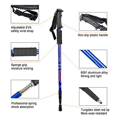 Aihoye Trekking Poles,Adjustable Shock Absorbing Hiking Walking Stick-2Pcs | Aviation aluminum,Collapsible, Lightweight, All-terrain walking poles, Carry bag included - color: blue