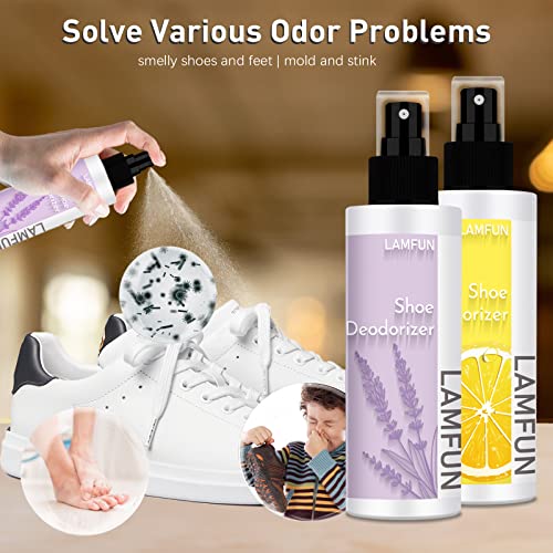 Shoe Odor Eliminator, LamFun Foot Shoe Deodorizer Spray, Natural Deodorant for Shoes, Feet, Sneakers, Work Boots, Air Freshener Spray, Lavender and Lemon