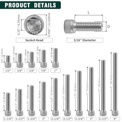 5/16-18 x 2-1/2" Socket Head Cap Screws, 304 Stainless Steel (18-8), Full Thread, Machine Screws for DIY, Machinery, Electronics, 10-Pack - size: 5/16-18 x 2-1/2"