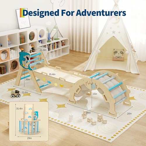 OUTLANE Pikler Triangle Set, 7-in-1 Foldable Wooden Toddler Climbing Toys Indoor, Jungle Gym for Toddlers, Large Montessori Climbing Set with Reversible Slide, Arch Ramp, Ladder & Cushion (Blue) - color: Blue