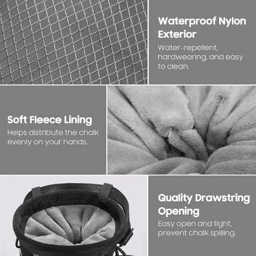 MoKo Rock Climbing Chalk Bag, Bouldering Chalk Pot Bucket with Adjustable Belt & Carabiner Drawstring Climbing Gear for Rock Climbing Weight Lifting Gymnastics Crossfit - Black+Grey | Nylon with soft inner, water-repellent, drawstring closure, adjustable
