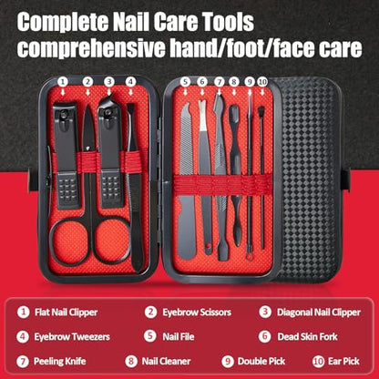 Manicure Set 10 in 1 Mens Gifts Travel Nail Clippers Set for Him, Mens Grooming Manicure Kit Pedicure Tools for Men Women Girls Boys Parents Husband Wife with Black Leather Case - size: 10-PCS Set