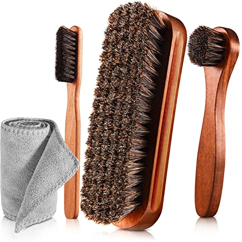 4 Pcs Horsehair Shine Shoes Brush Kit Polish Dauber Applicators Cleaning Leather Shoes Boots Care Brushes Suede Cleaner Brush with Microfiber Shoe Cloth(4 Pcs Style A) - style: 4 Pcs Style A