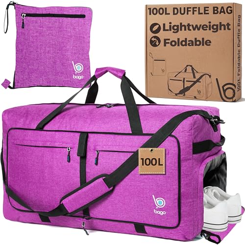 Bago Large Duffle Bag for Travel Women & Men. Durable Lightweight Foldable Travel Duffel Bags For Traveling Women. 100L Duffle Bags for Overnight Bag With Shoe Compartment Collapsible Weekender duffel - color: SnowPink, size: 100L
