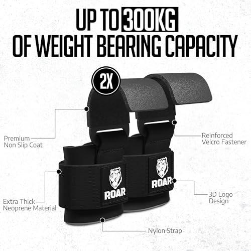 Roar® Heavy Duty Weight Lifting Hooks with Padded Wrist Straps – Premium Grip Support for Deadlifts, Pull Ups & Shrugs – Non-Slip Metal Hooks for Powerlifting, Bodybuilding & Strength Training (Pair)